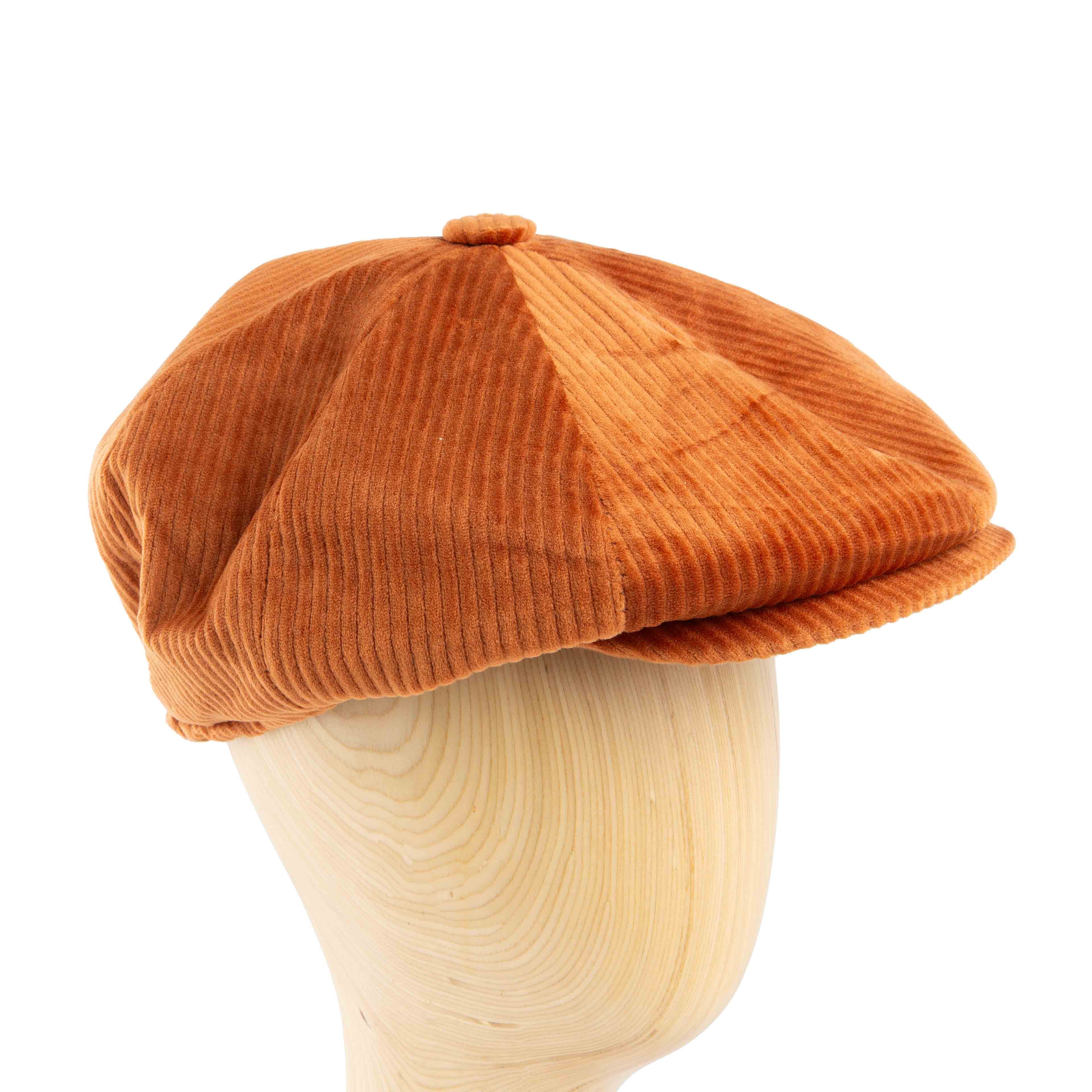 Burnt orange corduroy newsboy cap, unisex classic style, ribbed texture, vintage fashion accessory