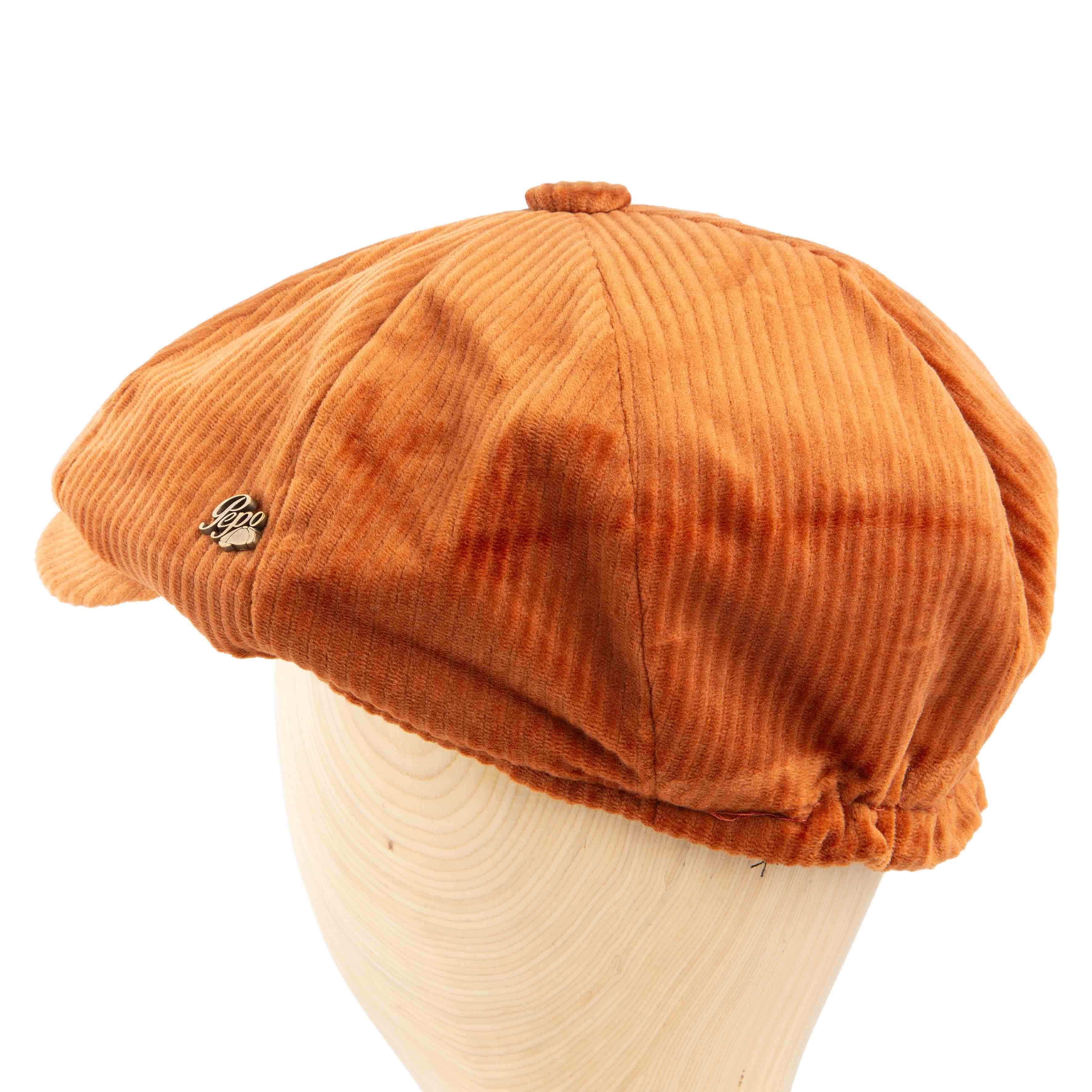 Burnt orange corduroy newsboy cap, unisex classic style, ribbed texture, vintage fashion accessory