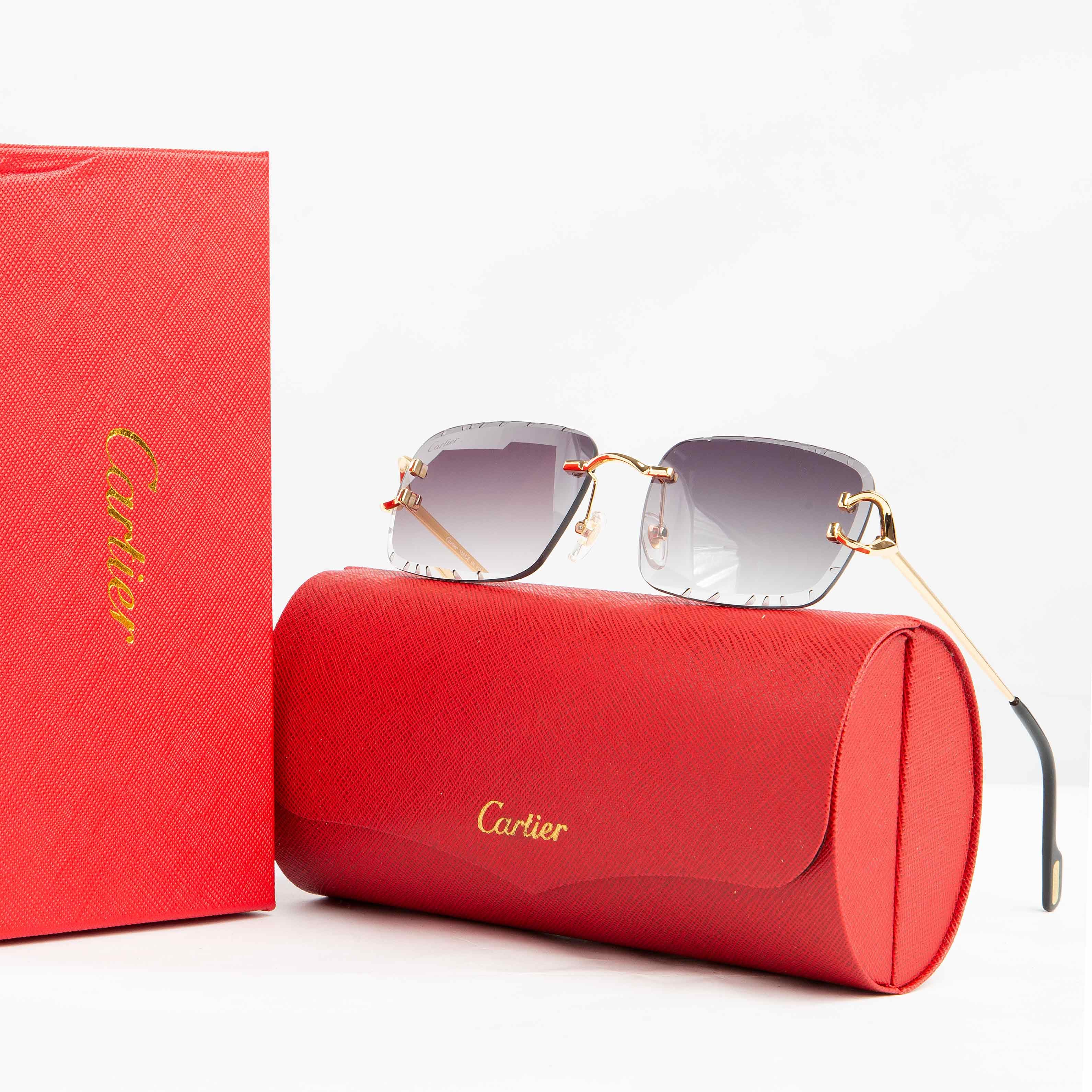 Cartier Rimless Rectangular Sunglasses with Gold-Tone Hardware and Grey Gradient Lenses, Luxury Unisex Eyewear.