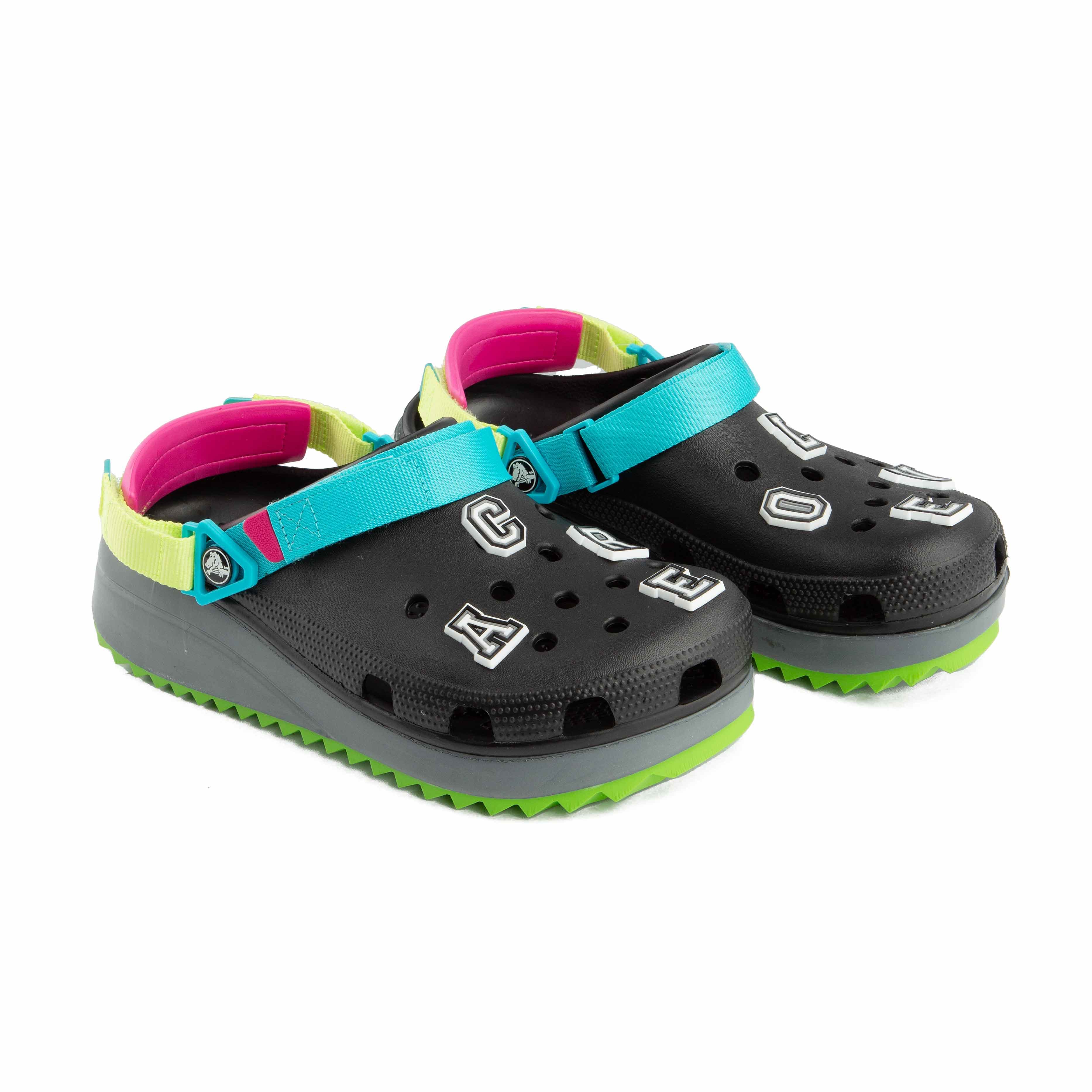 These are a pair of Crocs Echo Clogs, characterized by their bold, sculpted design and multi-colored accents