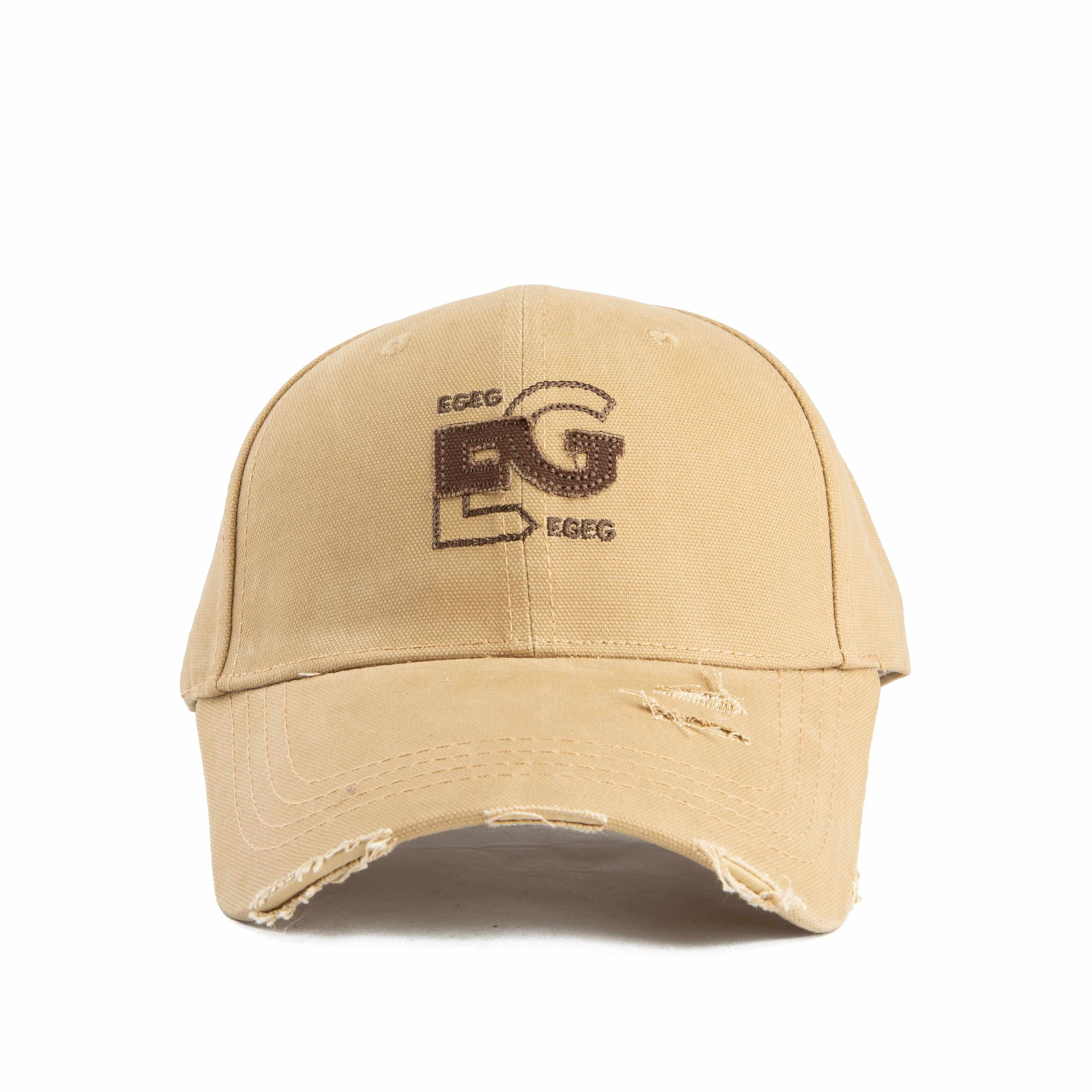 This is a distressed baseball cap in a light, earthy tone, characteristic of a worn or vintage style.