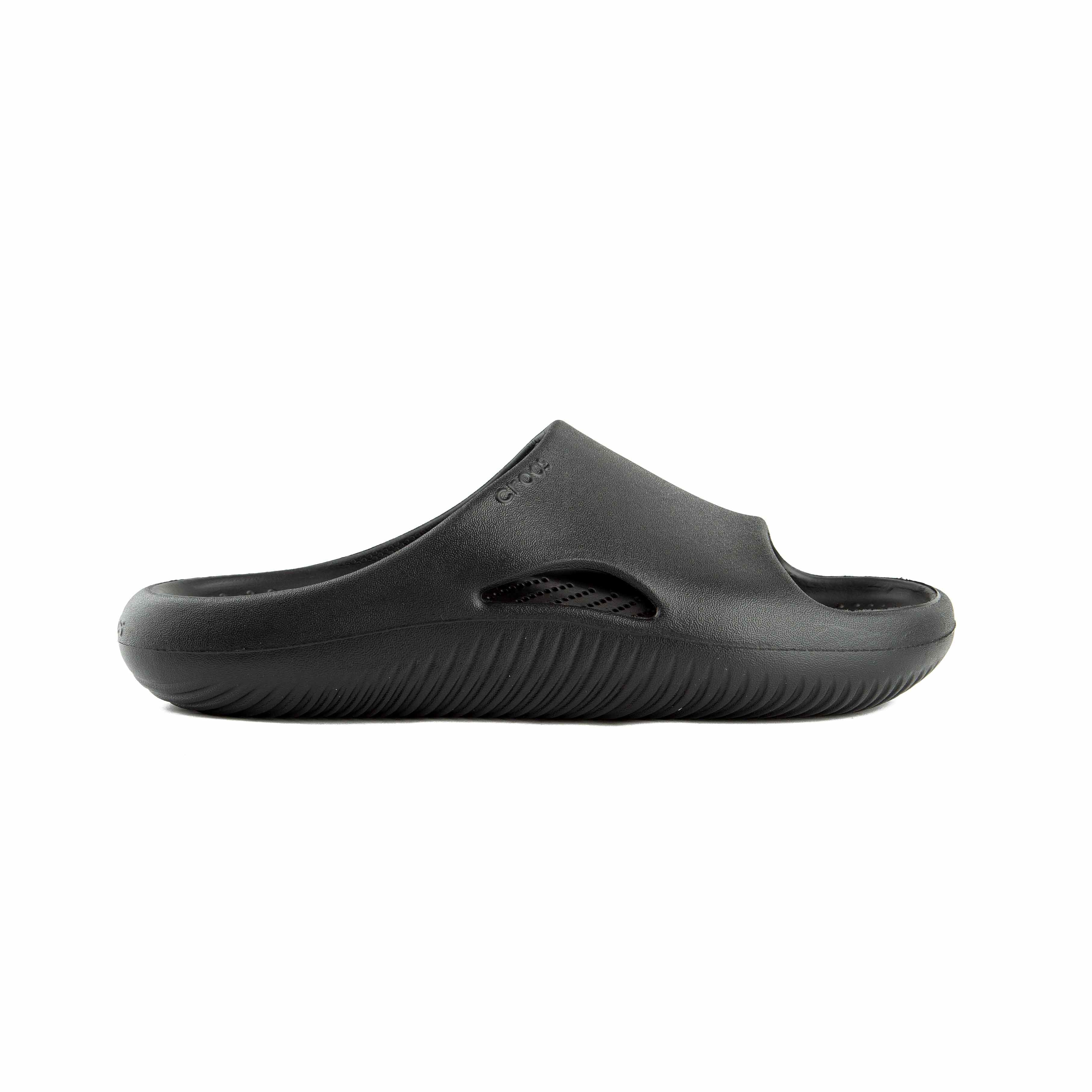 This is a pair of solid black, slip-on slide sandals from the Crocs brand.