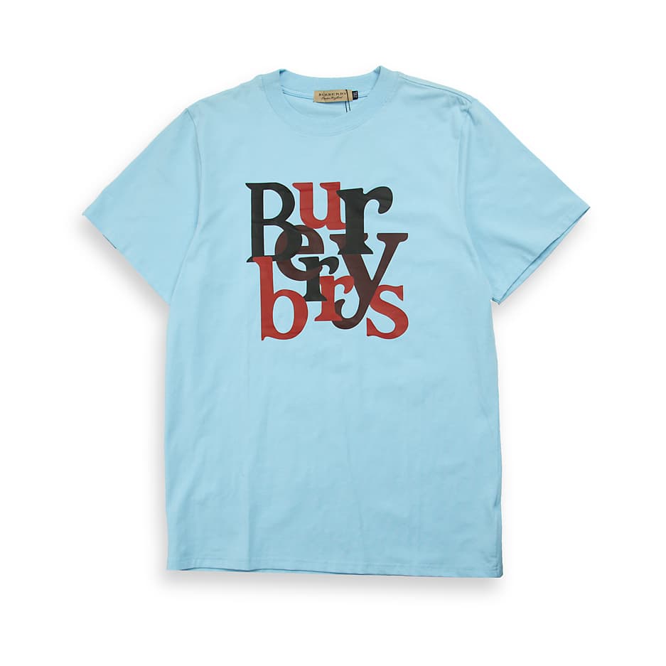This is a short-sleeved, crew-neck t-shirt from the luxury fashion house Burberry. The shirt is a distinctive light blue (or baby blue/sky blue) colour.