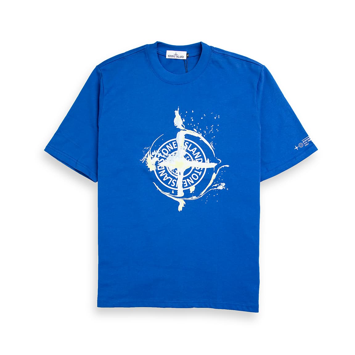 Royal Blue Stone Island T-Shirt featuring the iconic Compass logo with a distressed splash graphic. Premium cotton, essential designer streetwear