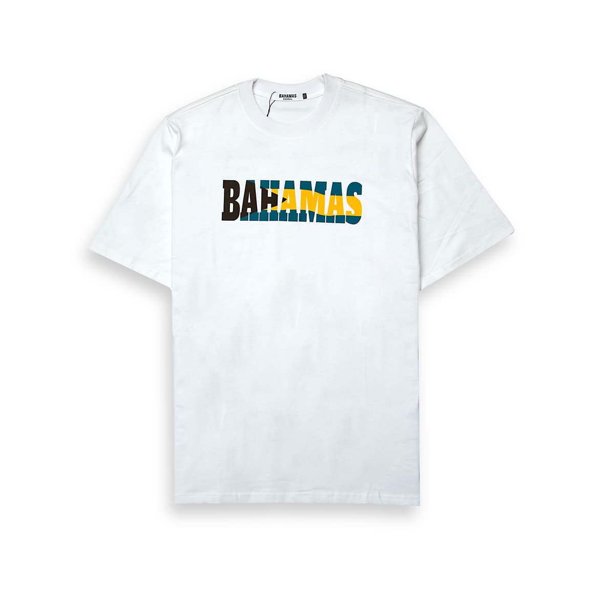 This is a clean, classic crew-neck T-shirt featuring a distinctive graphic print. The word "BAHAMAS" is printed boldly across the chest.