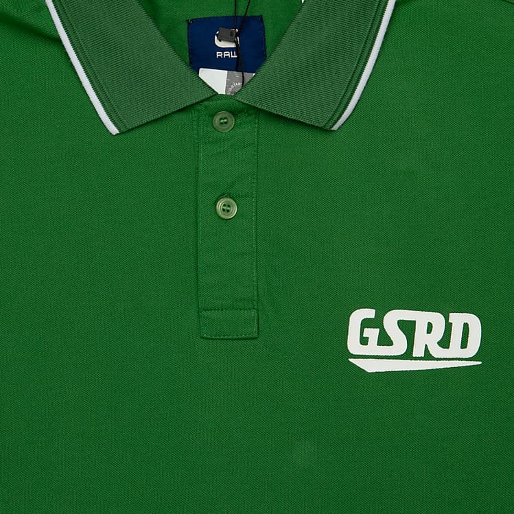 Forest Green G-Star RAW piqué polo shirt with white tipped collar and GSRD logo, short sleeves, men's classic fit.