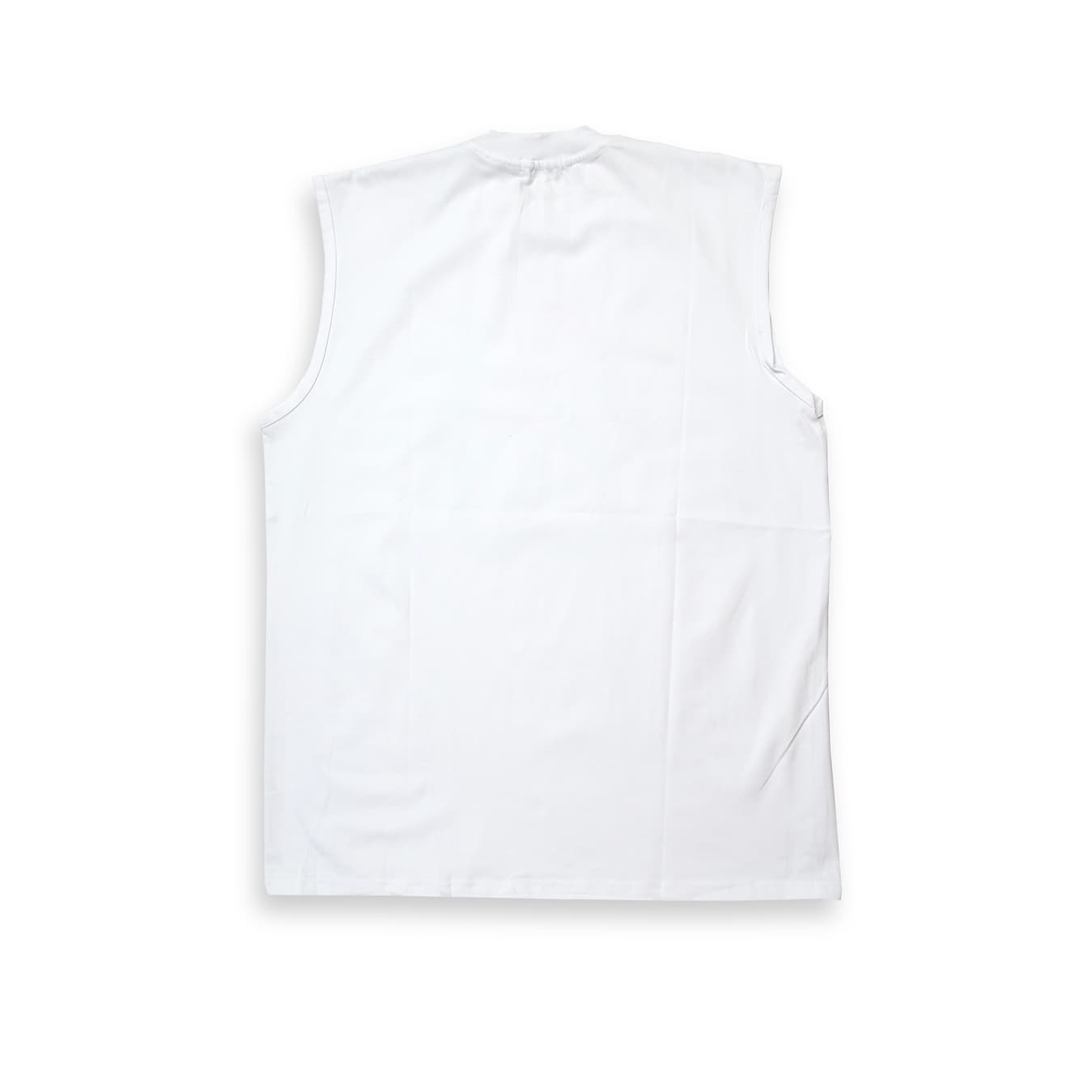 White Moncler Genius Craig Green sleeveless t-shirt with orange and green Peace/logo graphic, luxury cotton vest, unisex.