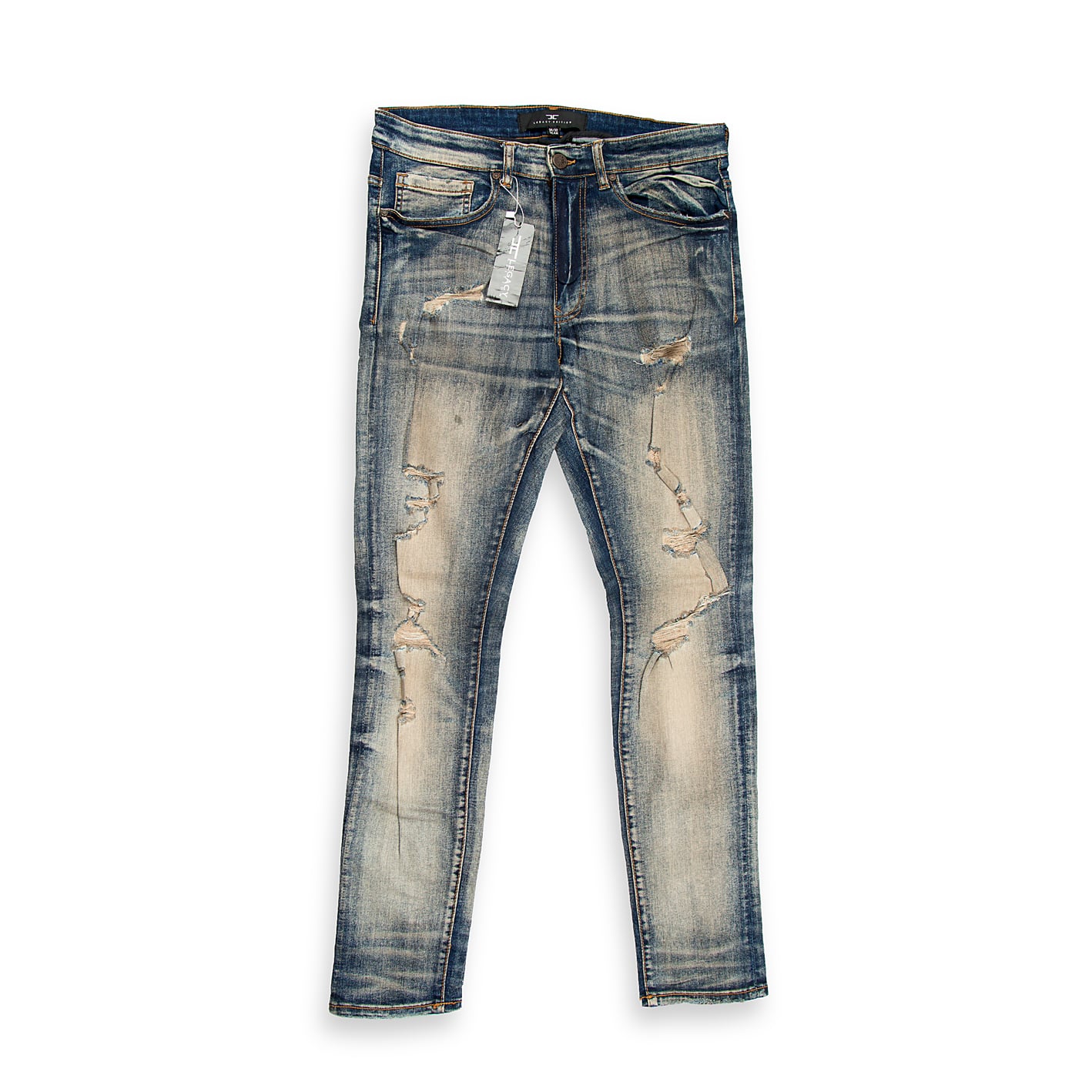 They feature an intense light blue/grey acid wash with a heavily bleached, almost marbleized texture, giving them a strong vintage 80s/90s grunge aesthetic.