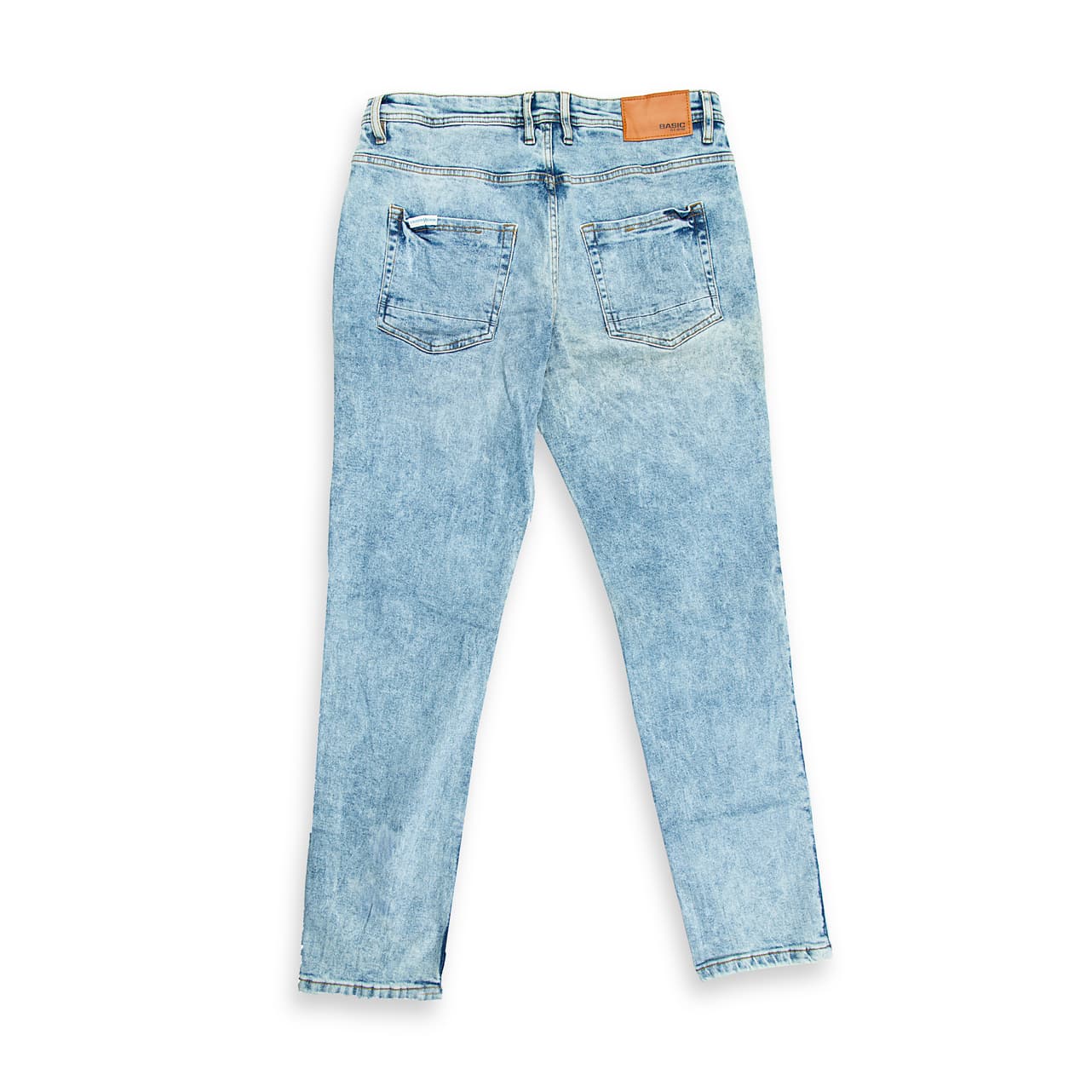 These are a pair of tapered-fit jeans defined by their distinct light acid wash or "snow wash" effect. The fabric has a heavily faded, streaky, and almost marbled appearance, reminiscent of 1980s and 1990s denim trends.