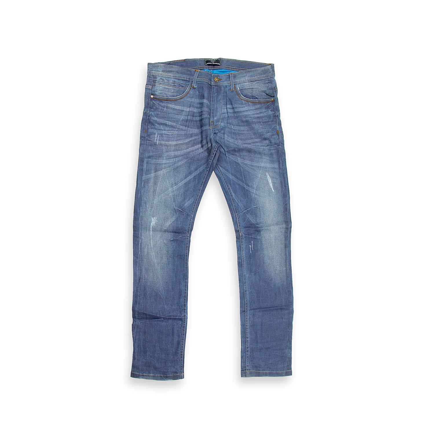 These are a pair of straight-fit jeans in a sophisticated medium blue wash that has been heavily washed and treated to achieve a premium, vintage-like fade.