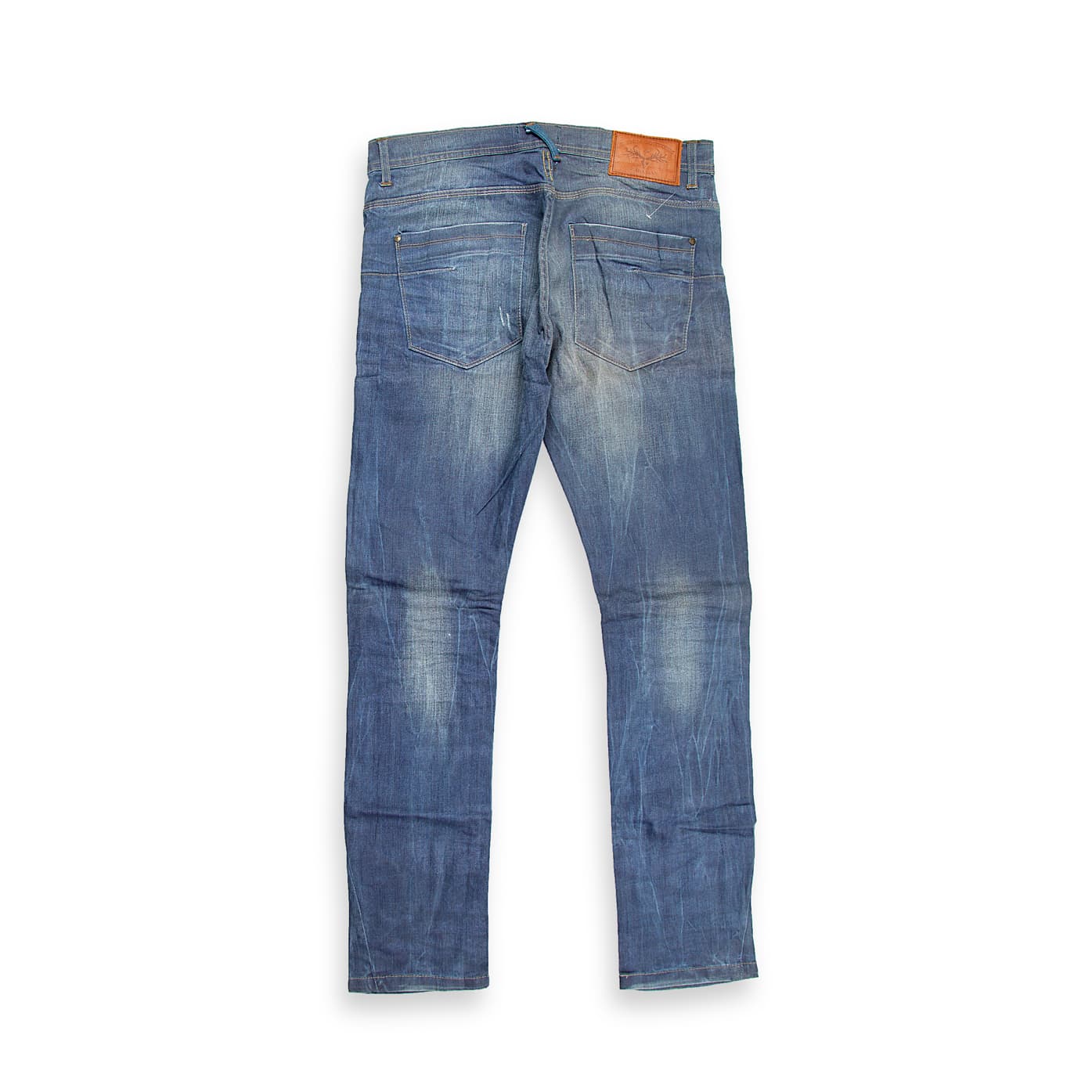 These are a pair of straight-fit jeans in a sophisticated medium blue wash that has been heavily washed and treated to achieve a premium, vintage-like fade.