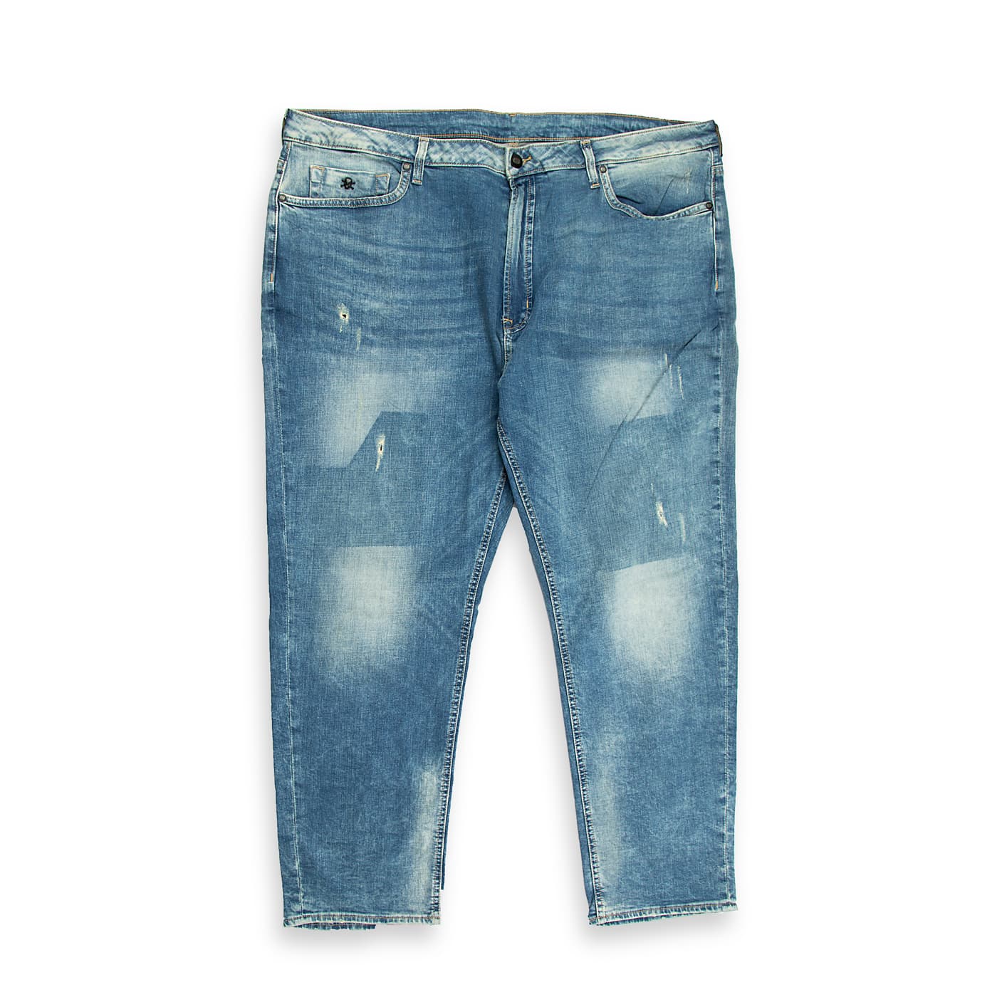 Mid-Blue Distressed Tapered Fit Men's Jeans with Whiskering