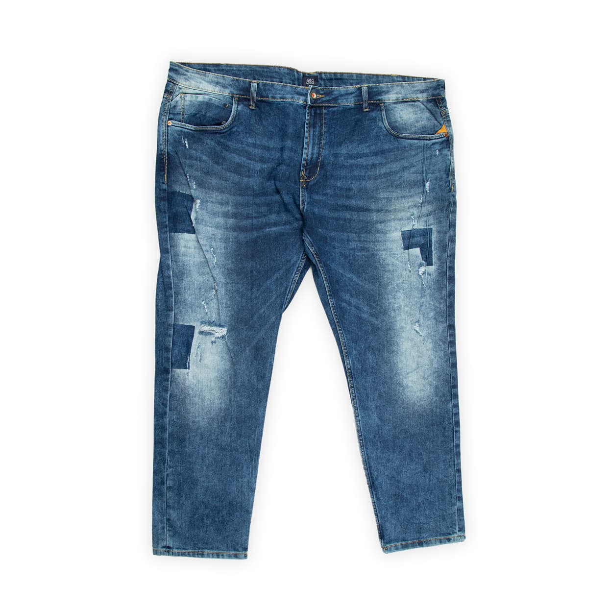 A fashionable and comfortable pair of men's jeans, specifically cut for plus-size indicated by the wider waistband and overall silhouette.