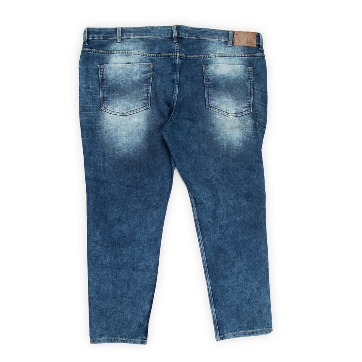 A fashionable and comfortable pair of men's jeans, specifically cut for plus-sizes indicated by the wider waistband and overall silhouette.