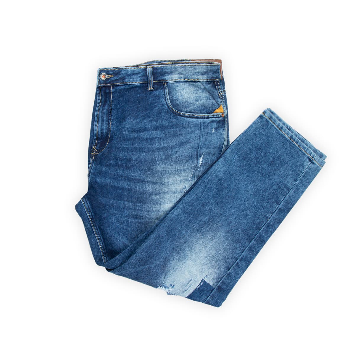 A fashionable and comfortable pair of men's jeans, specifically cut for plus-sizes indicated by the wider waistband and overall silhouette.