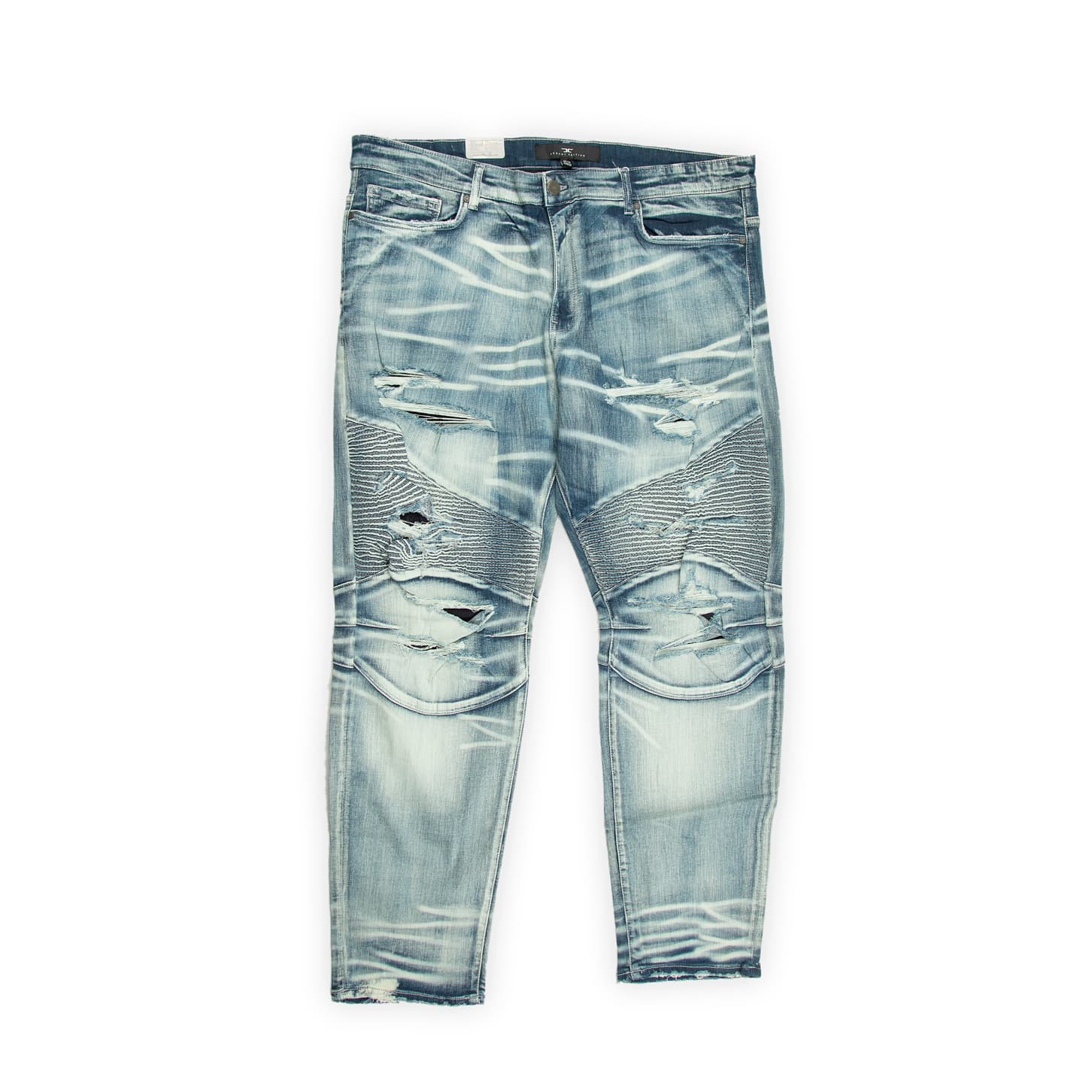 They feature an aggressive light-wash finish with high-contrast whiskering and intense distressing.
