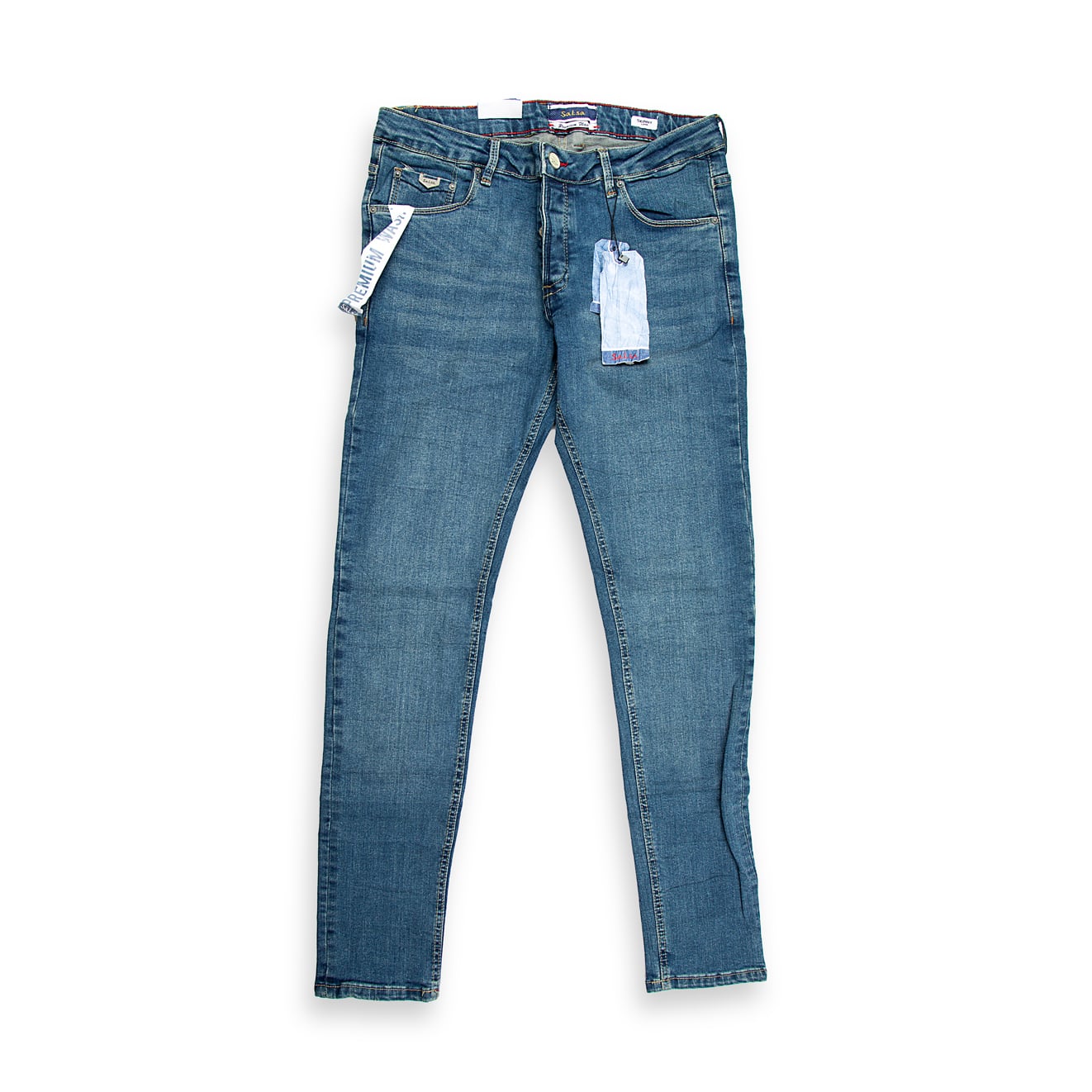 An essential pair of five-pocket jeans featuring a timeless, medium blue wash with minimal fading for a clean, versatile look.