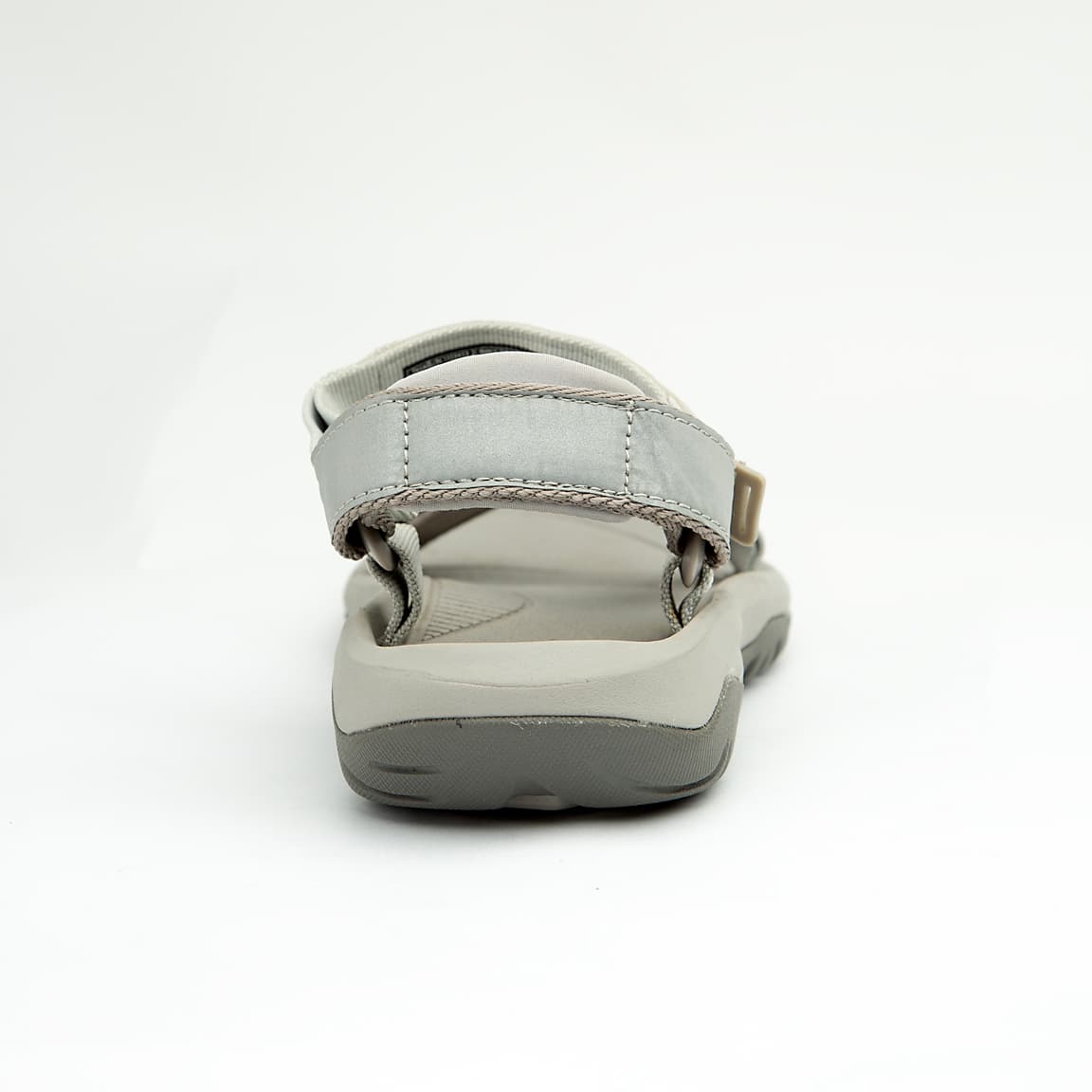 Grey unisex adjustable outdoor sandals with cushioned footbed and durable rubber sole.