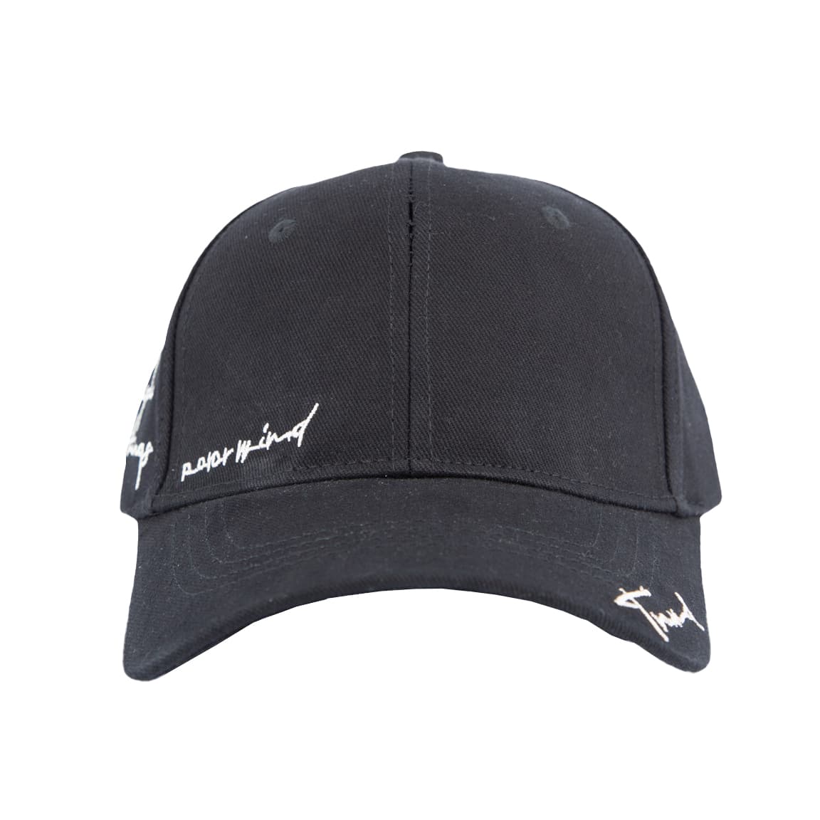 Black baseball Men's cap with white signature embroidery on a plain background.