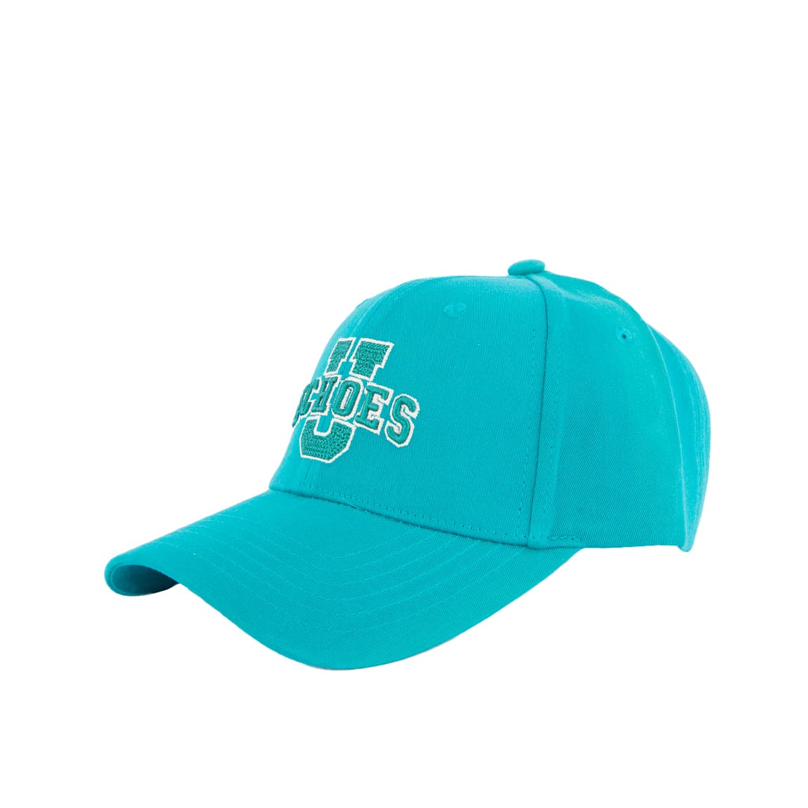 Turquoise baseball cap with embroidery in white and green.