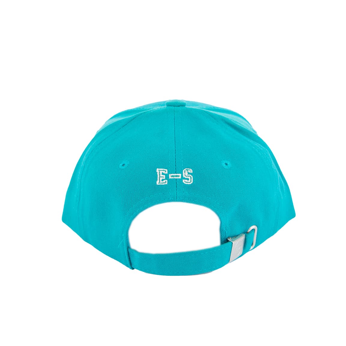 Turquoise baseball cap with embroidery in white and green.