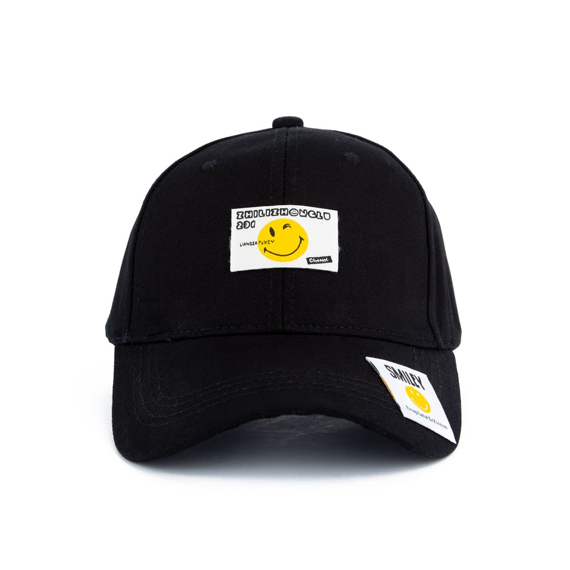 Black Baseball Face Cap with Yellow Smiley Face Patch