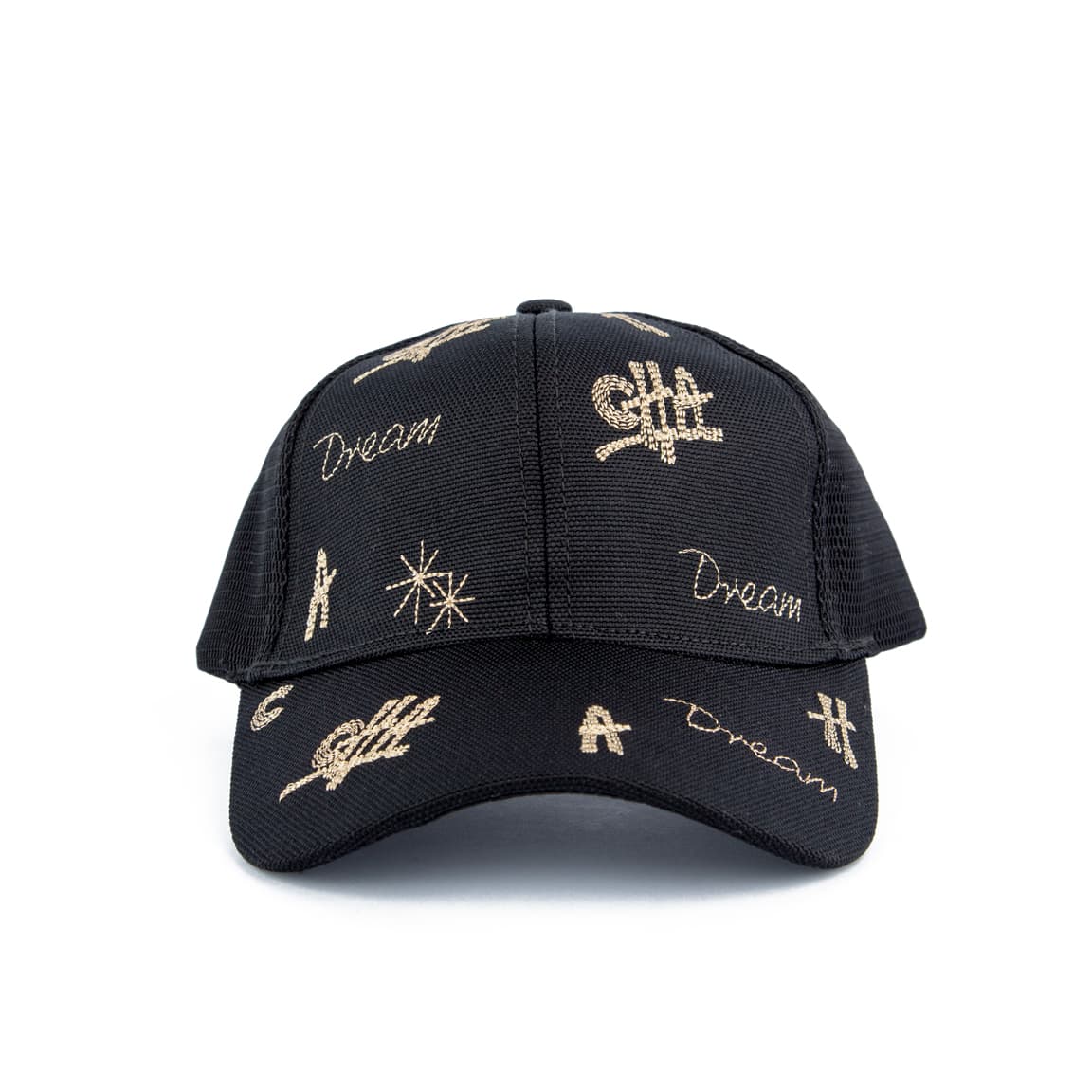 Black embroidered 'Dream' mesh trucker cap, unisex design with breathable mesh back, perfect for casual fashion and a comfortable fit.