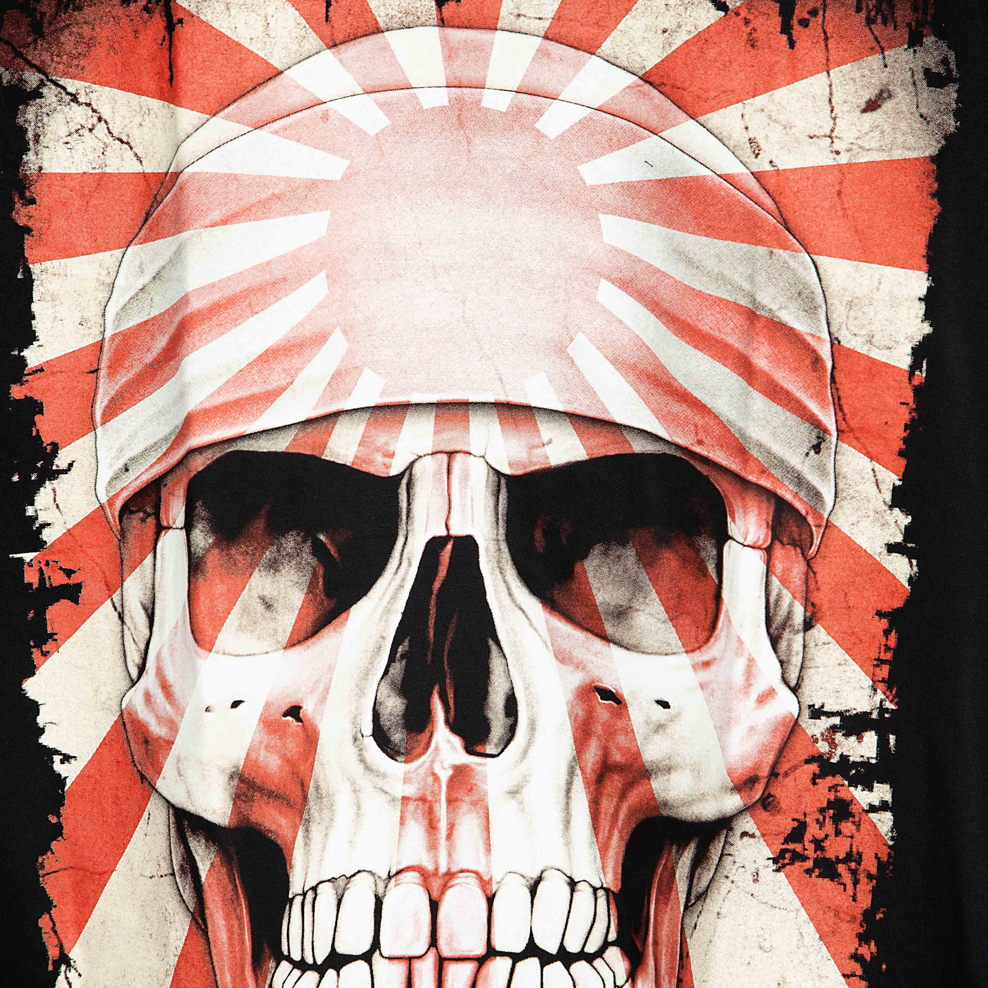 Rock Eagle black unisex t-shirt with a distressed graphic of a skull wearing a Rising Sun-patterned helmet or headband against a red and white rising sun background.