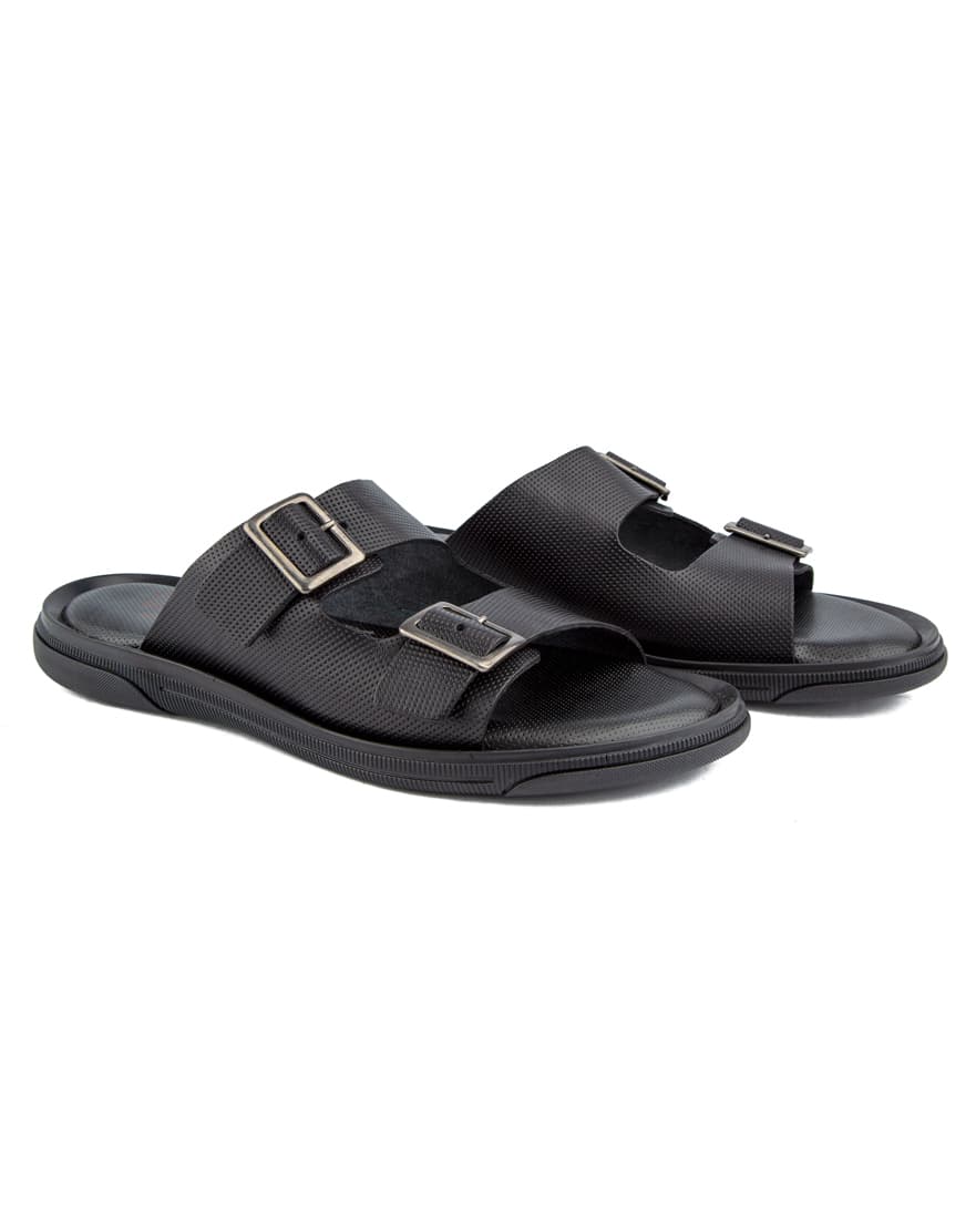 Men’s black slide sandals with double buckle design, cushioned sole, and anti-slip rubber outsole—ideal for comfort, durability, and everyday wear.